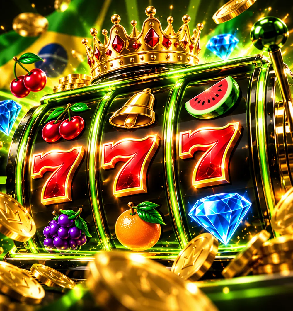 Caça-níquel com setes, coroa, frutas e bandeira do Brasil em banner Slots Brasil da Bet7K